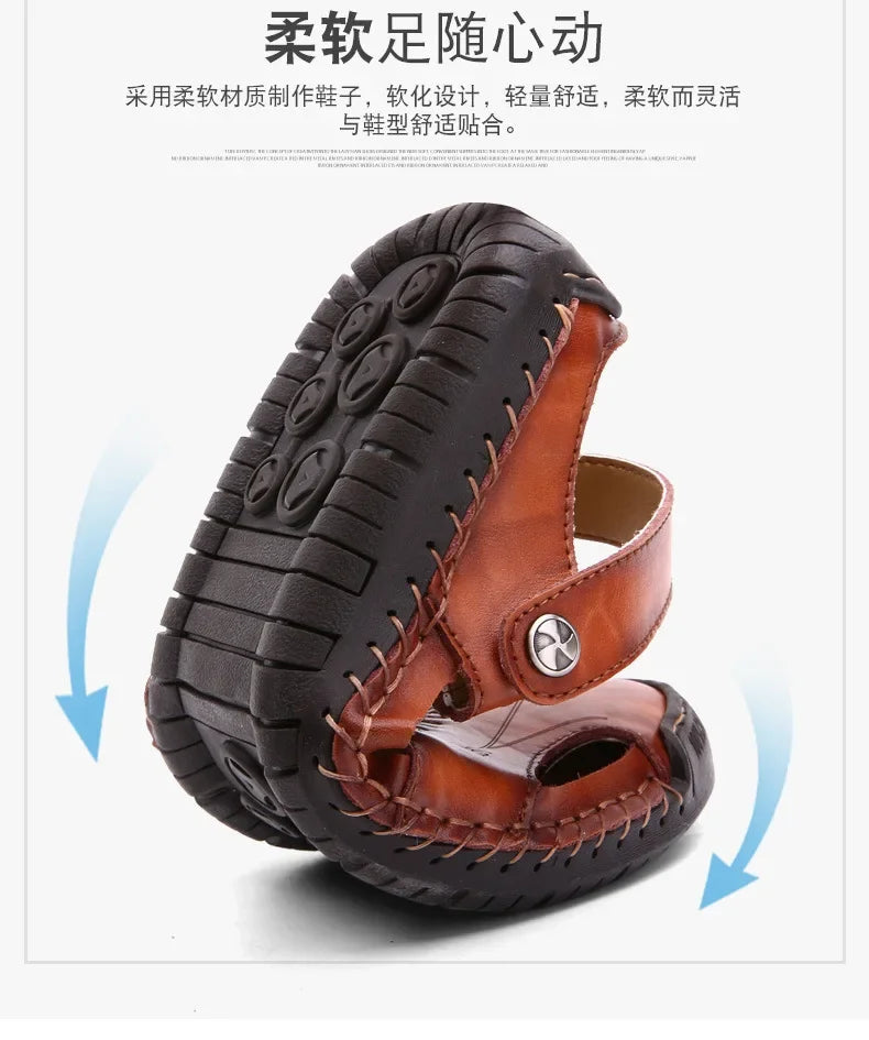 New Handmade Summer Sandals Men Breathable Leather Shoes Man Outdoor Men Sandals Antiskid Beach Sandals Hollow Shoes Fashion