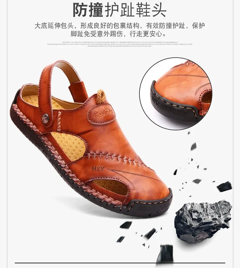 New Handmade Summer Sandals Men Breathable Leather Shoes Man Outdoor Men Sandals Antiskid Beach Sandals Hollow Shoes Fashion