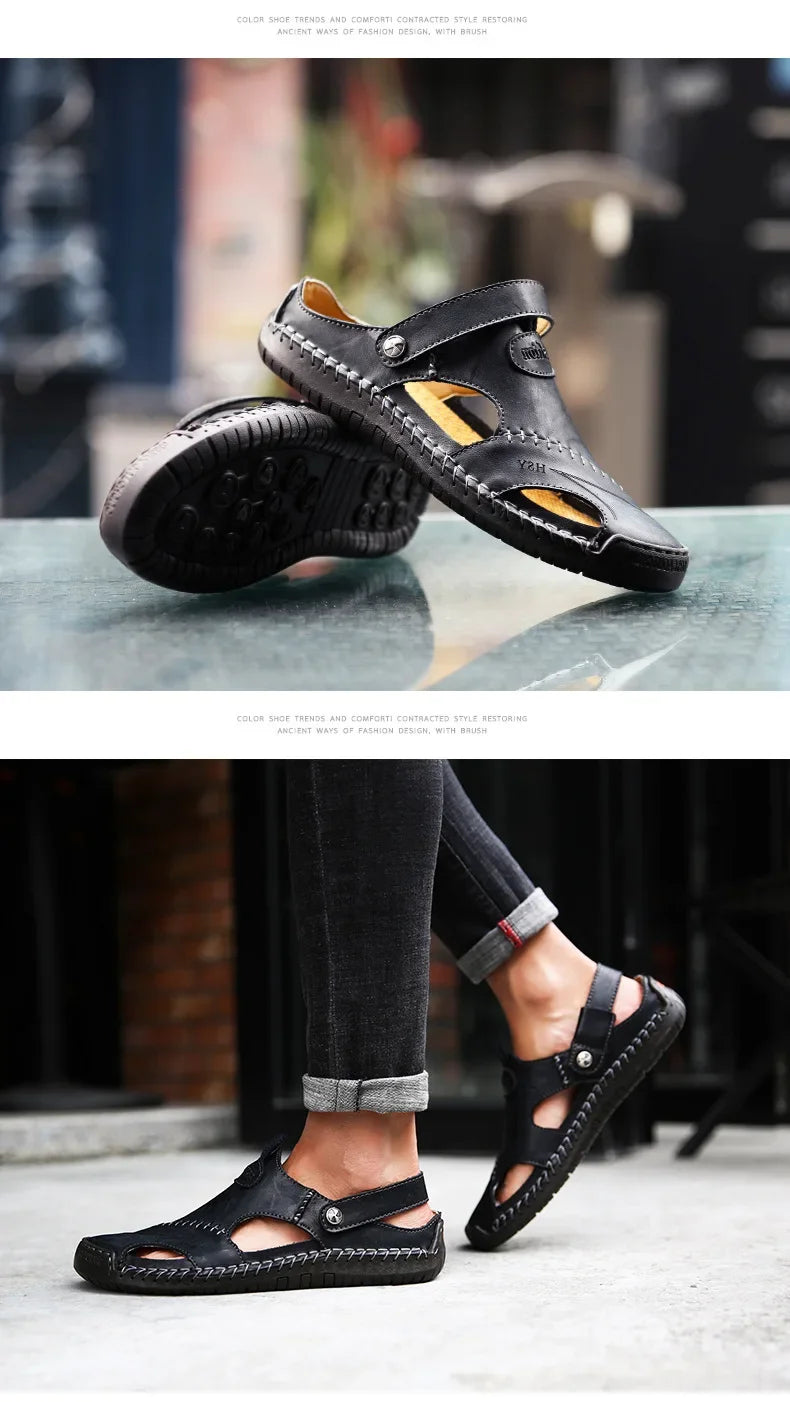 New Handmade Summer Sandals Men Breathable Leather Shoes Man Outdoor Men Sandals Antiskid Beach Sandals Hollow Shoes Fashion
