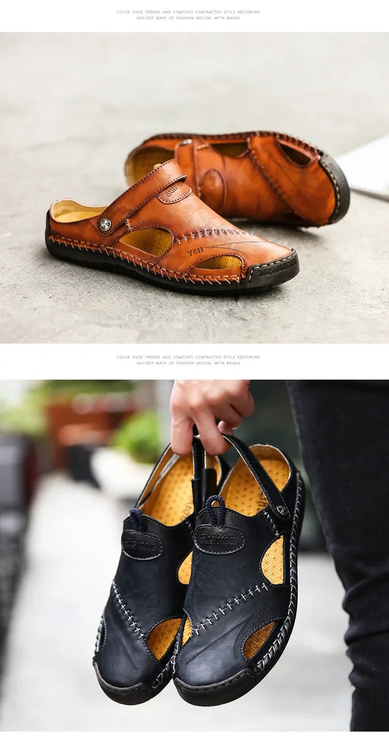 New Handmade Summer Sandals Men Breathable Leather Shoes Man Outdoor Men Sandals Antiskid Beach Sandals Hollow Shoes Fashion