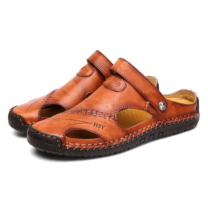 New Handmade Summer Sandals Men Breathable Leather Shoes Man Outdoor Men Sandals Antiskid Beach Sandals Hollow Shoes Fashion
