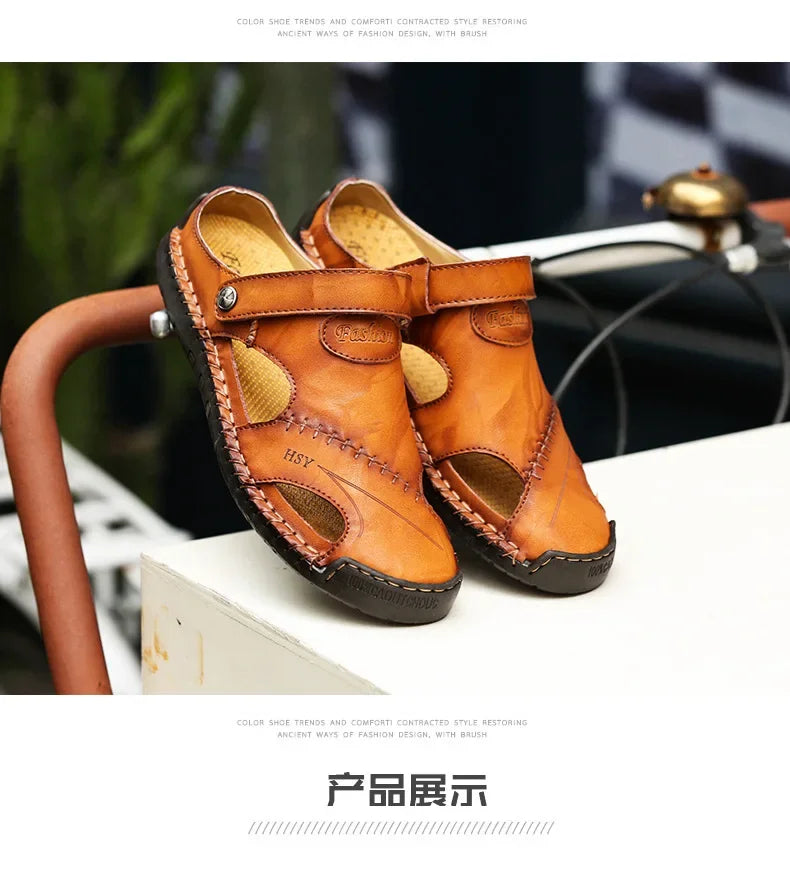 New Handmade Summer Sandals Men Breathable Leather Shoes Man Outdoor Men Sandals Antiskid Beach Sandals Hollow Shoes Fashion