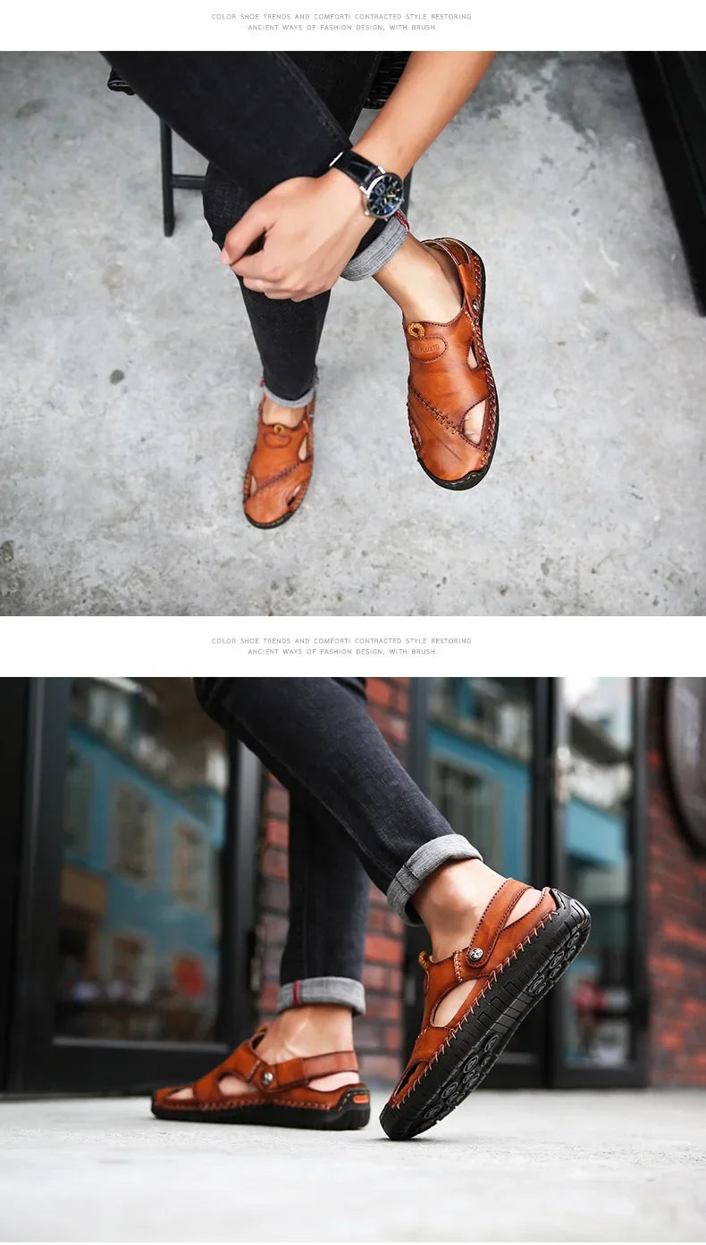 New Handmade Summer Sandals Men Breathable Leather Shoes Man Outdoor Men Sandals Antiskid Beach Sandals Hollow Shoes Fashion