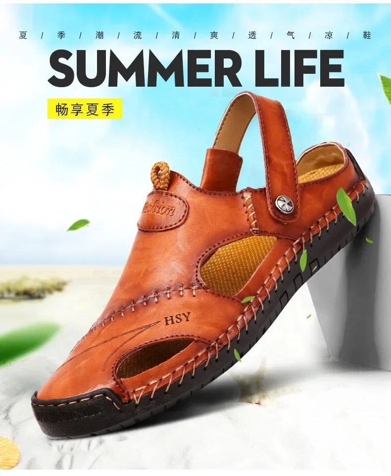 New Handmade Summer Sandals Men Breathable Leather Shoes Man Outdoor Men Sandals Antiskid Beach Sandals Hollow Shoes Fashion