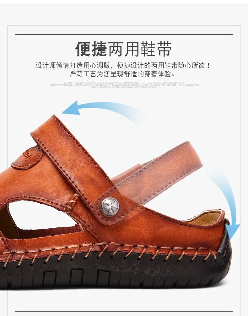 New Handmade Summer Sandals Men Breathable Leather Shoes Man Outdoor Men Sandals Antiskid Beach Sandals Hollow Shoes Fashion