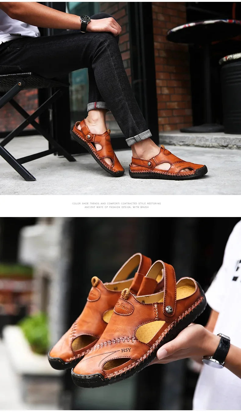 New Handmade Summer Sandals Men Breathable Leather Shoes Man Outdoor Men Sandals Antiskid Beach Sandals Hollow Shoes Fashion