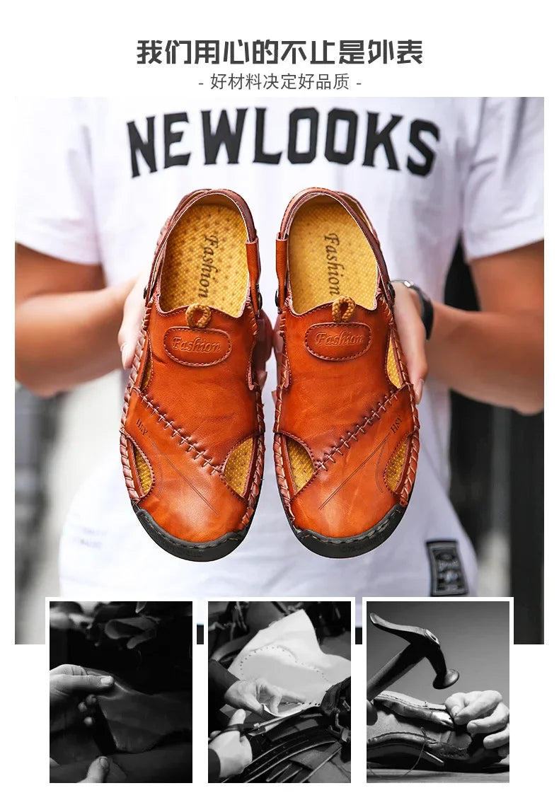 New Handmade Summer Sandals Men Breathable Leather Shoes Man Outdoor Men Sandals Antiskid Beach Sandals Hollow Shoes Fashion