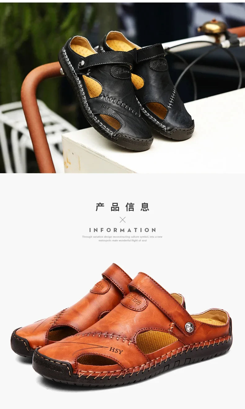 New Handmade Summer Sandals Men Breathable Leather Shoes Man Outdoor Men Sandals Antiskid Beach Sandals Hollow Shoes Fashion