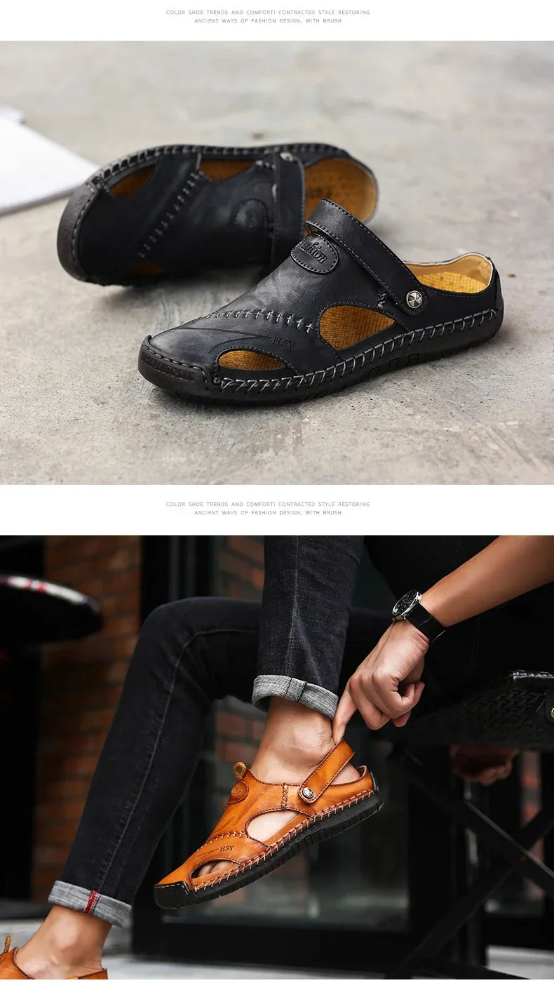 New Handmade Summer Sandals Men Breathable Leather Shoes Man Outdoor Men Sandals Antiskid Beach Sandals Hollow Shoes Fashion