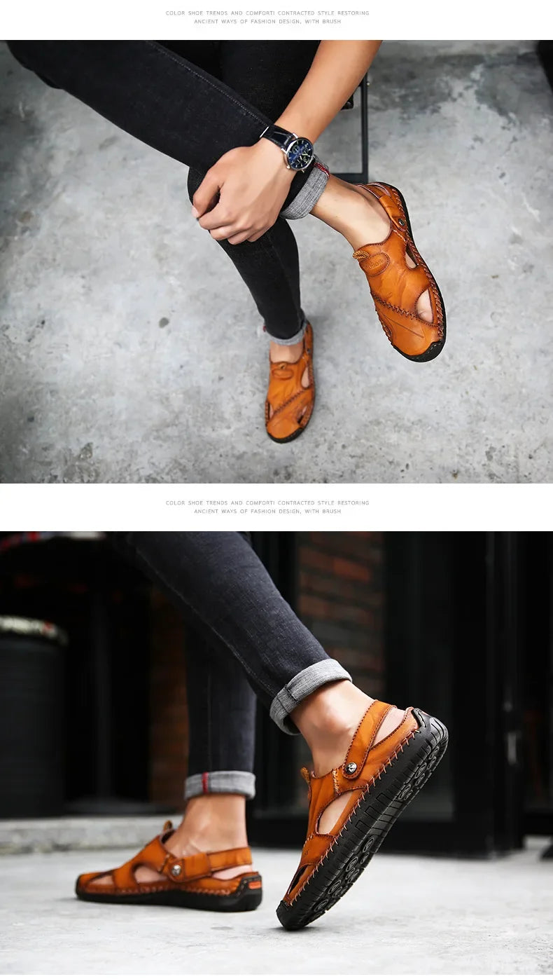 New Handmade Summer Sandals Men Breathable Leather Shoes Man Outdoor Men Sandals Antiskid Beach Sandals Hollow Shoes Fashion