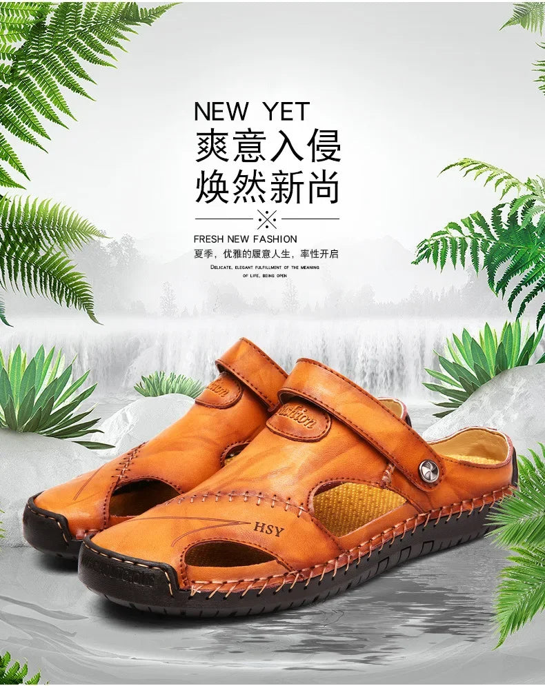 New Handmade Summer Sandals Men Breathable Leather Shoes Man Outdoor Men Sandals Antiskid Beach Sandals Hollow Shoes Fashion