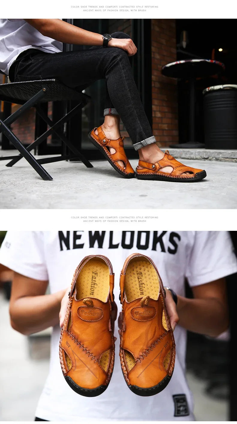New Handmade Summer Sandals Men Breathable Leather Shoes Man Outdoor Men Sandals Antiskid Beach Sandals Hollow Shoes Fashion