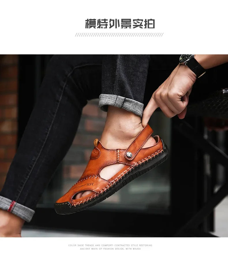 New Handmade Summer Sandals Men Breathable Leather Shoes Man Outdoor Men Sandals Antiskid Beach Sandals Hollow Shoes Fashion