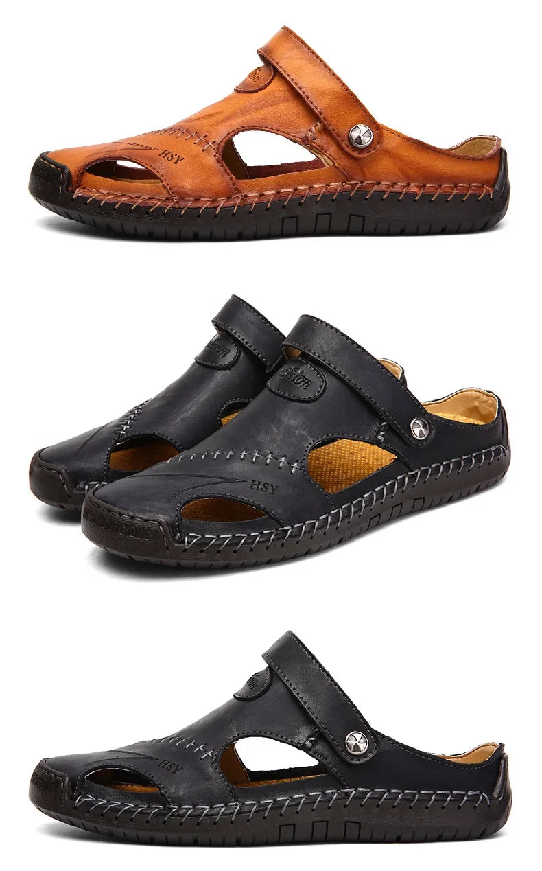 New Handmade Summer Sandals Men Breathable Leather Shoes Man Outdoor Men Sandals Antiskid Beach Sandals Hollow Shoes Fashion