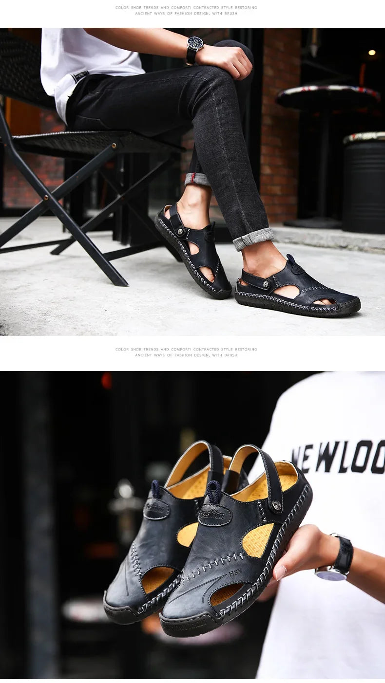 New Handmade Summer Sandals Men Breathable Leather Shoes Man Outdoor Men Sandals Antiskid Beach Sandals Hollow Shoes Fashion