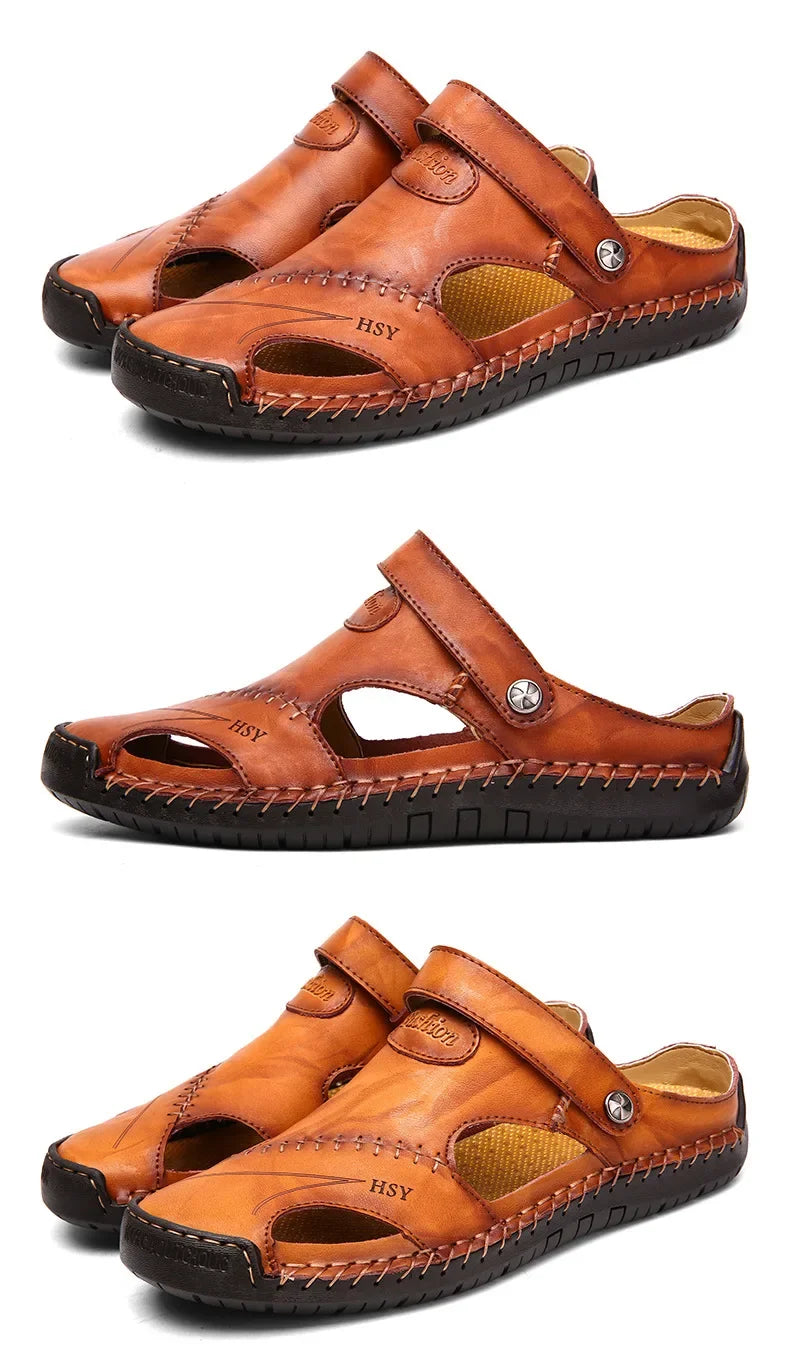 New Handmade Summer Sandals Men Breathable Leather Shoes Man Outdoor Men Sandals Antiskid Beach Sandals Hollow Shoes Fashion